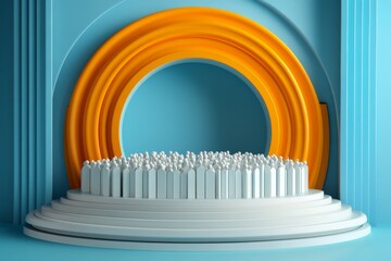 Sticker - Abstract scene with orange and white arches against a blue backdrop symbolizing modern design architectural innovation and a sense of balance in creative visual art