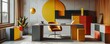 © Abdul - Home office with a minimalist Bauhaus theme, featuring geometric furniture, primary color accents, and functional design elements Artistic and streamlined