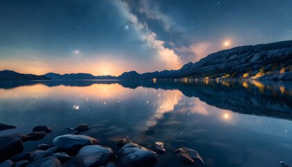 Wall Mural - Breathtaking Milky Way Galaxy Reflected on Calm Lake with Rocky Shoreline Under Night Sky