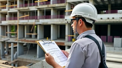 Wall Mural - Smart Engineer Construction manager in white helmet looking clipboard or blueprint inspection building at new home construction