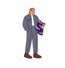 Wall Mural - Stylish man in formal suit carries patterned clothes, purchase from shopping. Business person with mustache wearing costume, holds rag, garment on hand. Flat isolated vector illustration on white