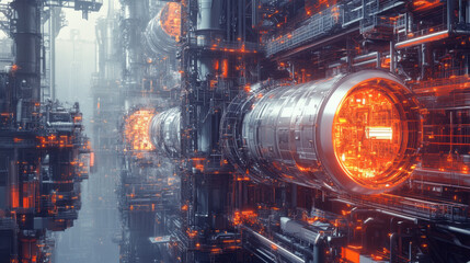 Futuristic industrial scene featuring advanced machinery with glowing orange elements, showcasing complex network of pipes and structures. atmosphere is filled with sense of innovation and