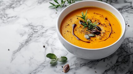 Canvas Print - Bright orange pumpkin soup in a white porcelain bowl with a drizzle of olive oil and roasted seeds, placed on a marble background elegant and creamy 