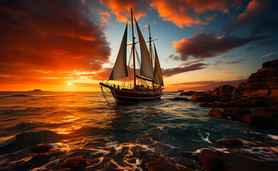 Wall Mural - A large sailboat is sailing in the ocean at sunset. The sky is filled with clouds, and the sun is setting in the distance. Scene is peaceful and serene