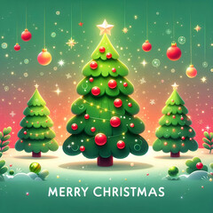 Festive Christmas Background with Tree, Red Baubles, and Twinkling Lights