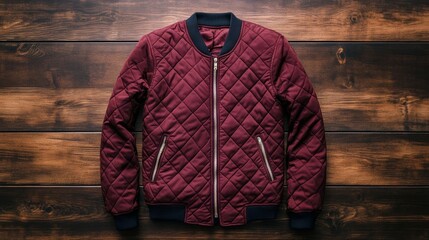 Canvas Print - Burgundy quilted jacket with metallic zipper and ribbed cuffs placed on a dark wooden surface rich and stylish 