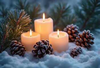 Poster - Three Burning Candles Immersed in a Bed of Snow, Surrounded by Pine Cones and Evergreen Branches