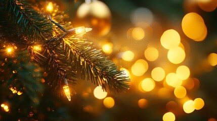 Canvas Print - Close-up of golden Christmas lights wrapped around a pine branch, glittering ornaments in the background, soft focus 