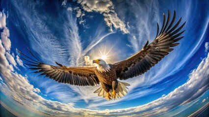 Fisheye photo of White tailed eagle soaring in blue sky