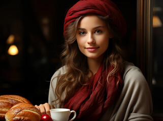 Wall Mural - A woman with long brown hair is sitting at a table with a cup of coffee and a sandwich