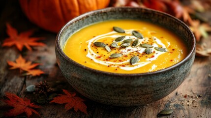 Canvas Print - Creamy pumpkin soup in a rustic ceramic bowl garnished with roasted pumpkin seeds and a swirl of cream, placed on a wooden table background cozy fall comfort 