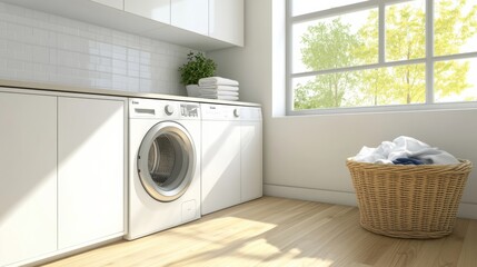 Sticker - A clean and bright laundry room boasts built-in washing and drying machines, sleek cabinets, and a basket filled with freshly laundered clothes. Generative AI