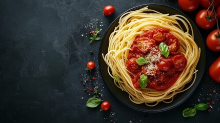 Tomato sauce pasta dish top view with copy space banner