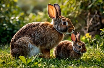 Beautiful mother rabbit sitting on the grass in a forest with her baby