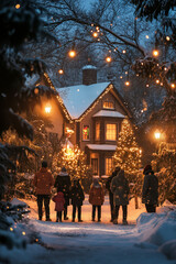 Poster - Group of people singing Christmas songs outside, snow falling, warmly lit houses and twinkling lights, festive energy 