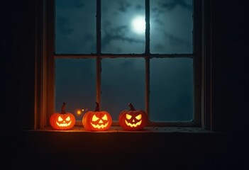 Sticker - Three glowing-faced pumpkins sit on the windowsill of an old house, illuminated by fog and moonlight filtering through the glass.Minimal creative Halloween holiday concept