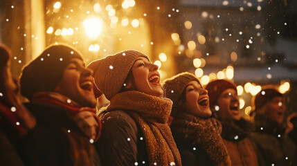 Poster - Group of people singing Christmas songs outside, snow falling, warmly lit houses and twinkling lights, festive energy 