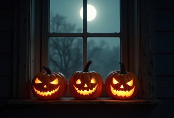 Sticker - Three glowing-faced pumpkins sit on the windowsill of an old house, illuminated by fog and moonlight filtering through the glass.Minimal creative Halloween holiday concept