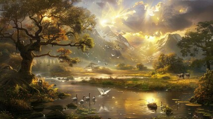 Wall Mural - Golden Hour in a Tranquil Mountain Valley