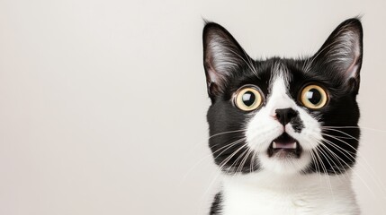 Black and white cat with a surprised expression, eyes wide open in disbelief, space for text on the left