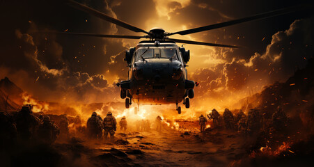 Canvas Print - A helicopter is flying over a battlefield with soldiers on the ground. Scene is intense and chaotic, as the soldiers are engaged in combat and the helicopter is providing support