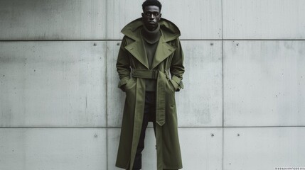 Wall Mural - Olive green cropped trench coat with oversized lapels and military-inspired details against a concrete surface bold and rugged 