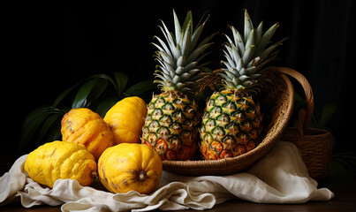 Sticker - A basket of fruit including two pineapples and a lemon. The basket is on a table and the fruit is arranged in a way that makes it look like a still life