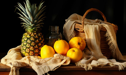 Canvas Print - A pineapple and a basket of oranges are displayed on a table. The pineapple is the centerpiece of the arrangement, while the oranges are scattered around it.