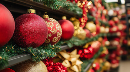 Sticker - Shelves lined with red and gold Christmas baubles, tinsel, and decorative ribbons, holiday shopping scene 