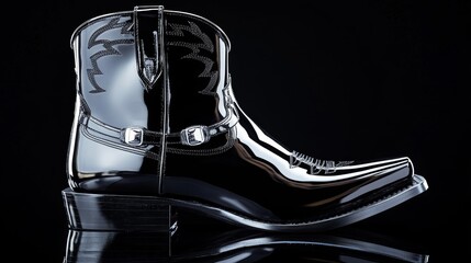 Wall Mural - Shiny black cowboy boots with silver buckles on a reflective black surface modern and sleek 