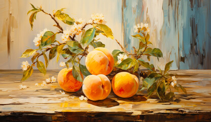 Wall Mural - A painting of a table with a branch of peach trees and a few peaches on it. The painting has a warm and inviting mood, with the bright colors of the peaches