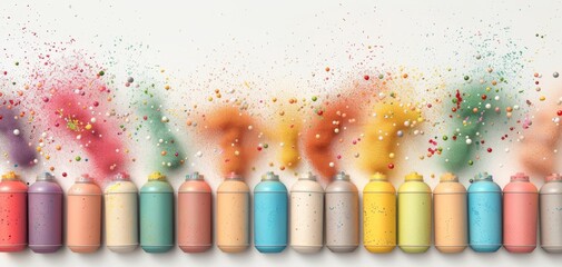 Poster - A vibrant array of spray paint cans with colorful splashes and glitter effects, showcasing creativity and artistic expression on a white isolated background.