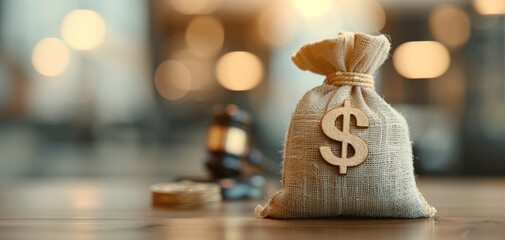 Fototapete - A close-up of a burlap sack with a dollar sign, symbolizing finance and wealth, placed on a wooden table. The background is softly blurred, creating an inspiring atmosphere.