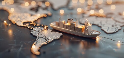 A detailed view of a cargo ship positioned over a world map, symbolizing global trade and shipping routes. Twinkling lights enhance the travel theme.