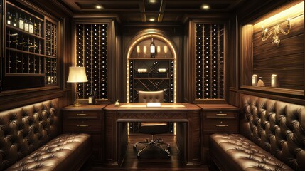 Wall Mural - Home office with a sophisticated wine cellar theme, featuring a desk integrated into a wine rack, subdued lighting, and leather seating Luxurious and unique