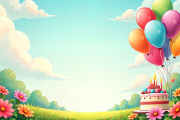 Holiday illustration. Colorful and whimsical illustration of a birthday celebration, featuring a cake with candles on it, surrounded by balloons and flowers, set against a backdrop of a blue sky.