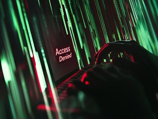 Wall Mural - In a dimly lit environment, a hacker types on a keyboard while a red Access Denied message is visible on the screen, surrounded by green and white code