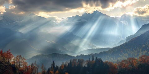 Wall Mural - Sunlight Breaking Through Clouds Over the Swiss Alps in Autumn