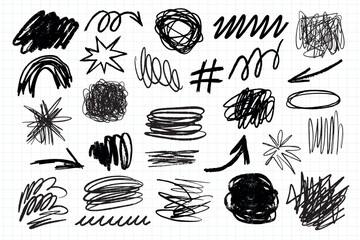 Wall Mural - a collection of black ink scribble art illustration. set of black ink scribble in various design ill