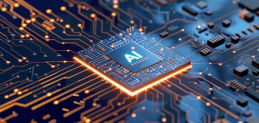 close-up view of a computer microchip featuring intricate circuits and glowing elements, representin