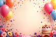 © Aleksei Solovev - Festive background. Colorful and festive birthday celebration with balloons, flowers, and a cake on a pink background.