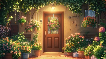 A visual novel-style front door illustration, ajar and surrounded by hanging flowers, potted plants, and wind chimes, creating a cozy, natural setting