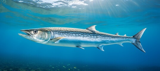 Wall Mural - A barracuda swims gracefully in clear blue waters of the ocean during midday