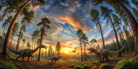 Fisheye view of sunset in forest with ancient dinosaurs