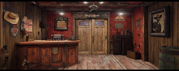 home office with a wild west theme, featuring a rustic wooden desk, saloon doors, and vintage cowboy