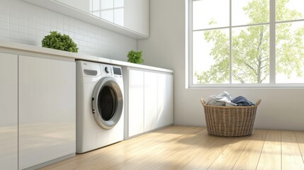 Sticker - A bright and airy laundry room showcases built-in washer and dryer, sleek cabinetry, and a basket filled with clean laundry. Generative AI