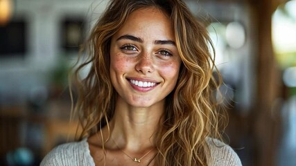 Poster - A cheerful young woman with wavy hair enjoys a moment in a bright, inviting café, radiating warmth and positivity as she smiles at onlookers.