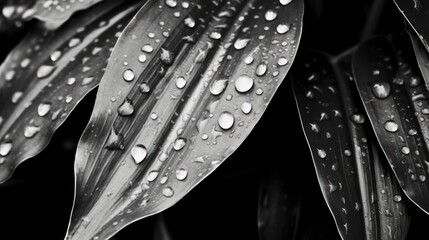 Wall Mural - Water Drops on Leaves in Black and White