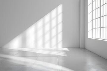 Wall Mural - Sunlight streams through a large window casting a grid pattern on the white wall of a minimalist room.