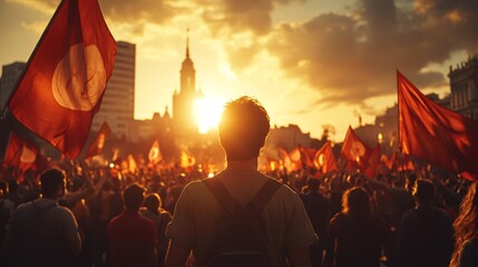 Wall Mural - A large group of people at a campaign rally waving banners and flags supporting their chosen candidate symbolizing the passion and dedication of political supporters Large space for text in center